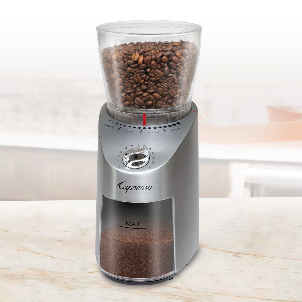 Capresso Infinity Plus Conical Burr Coffee Grinder in Metal Whole Latte Love