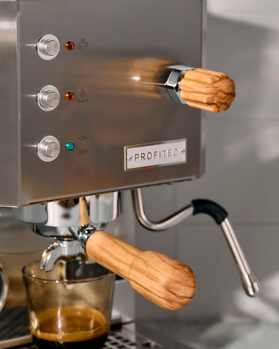 Profitec GO Stainless Steel with Olive Wood lifestyle 2 || stainless steel