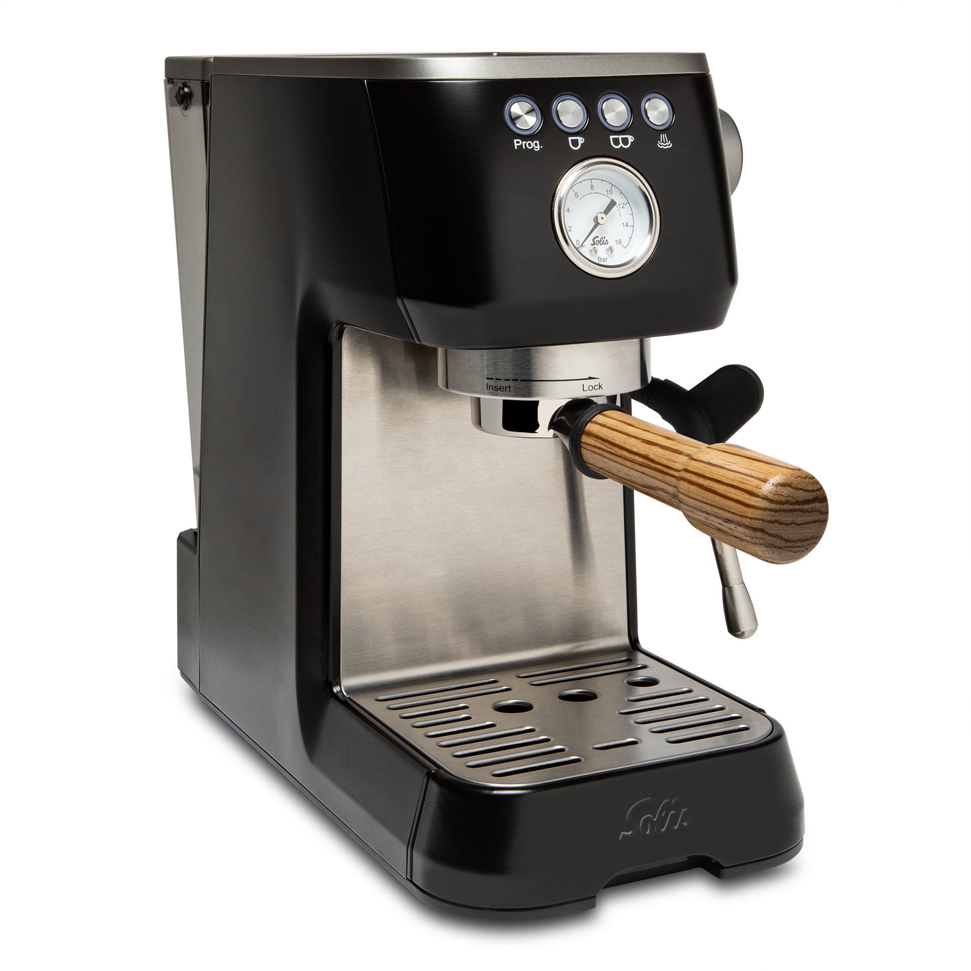 54mm Bottomless Portafilter Zebra Wood in Solis Barista Perfetta Plus || Zebra