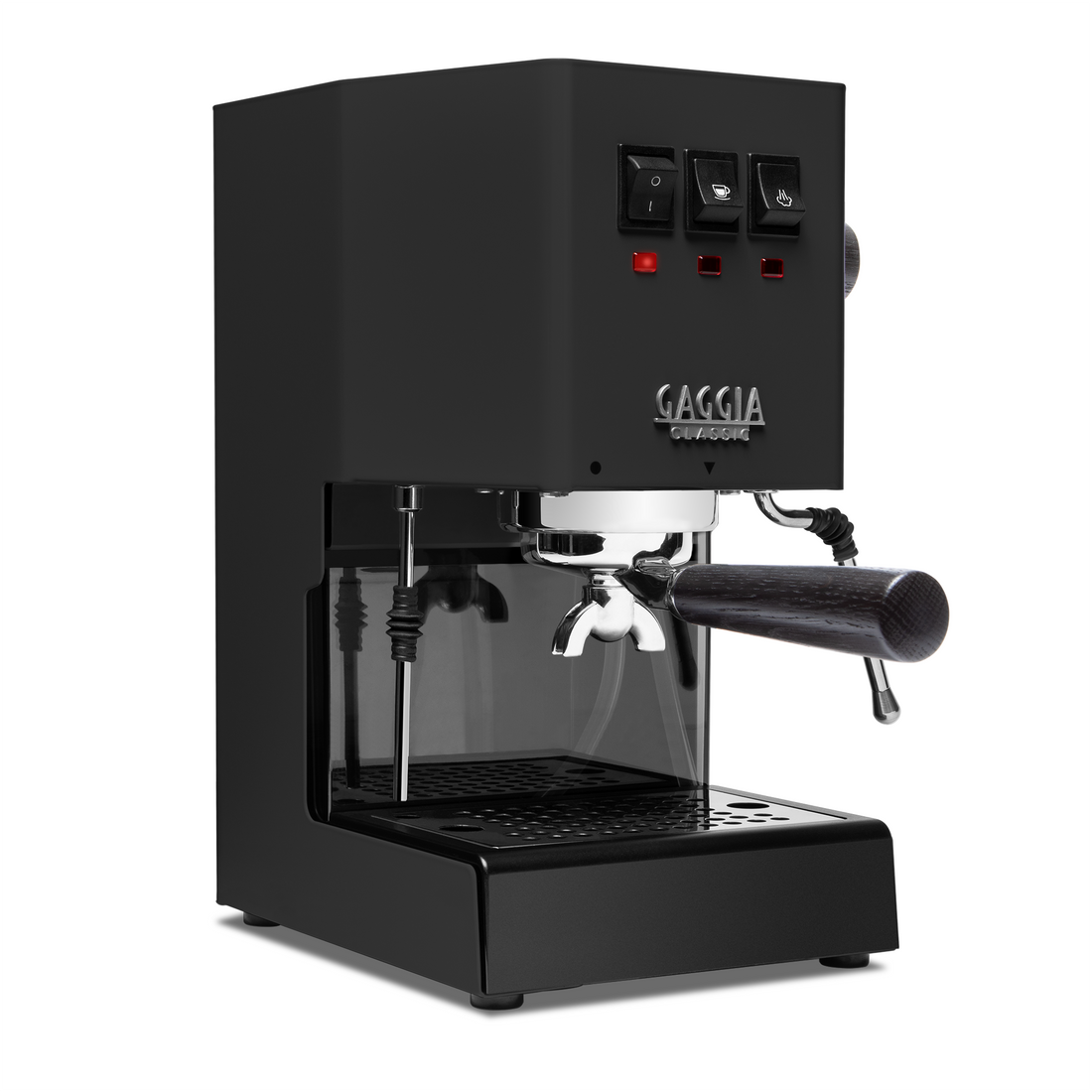 Gaggia Classic Pro E24 Thunder Black front angle with smoked oak || Thunder Black