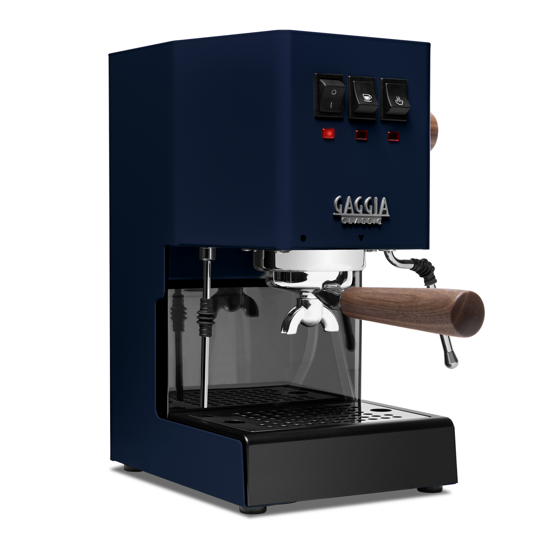 Gaggia Classic Pro E24 Classic Blue front angle with walnut || Classic Blue