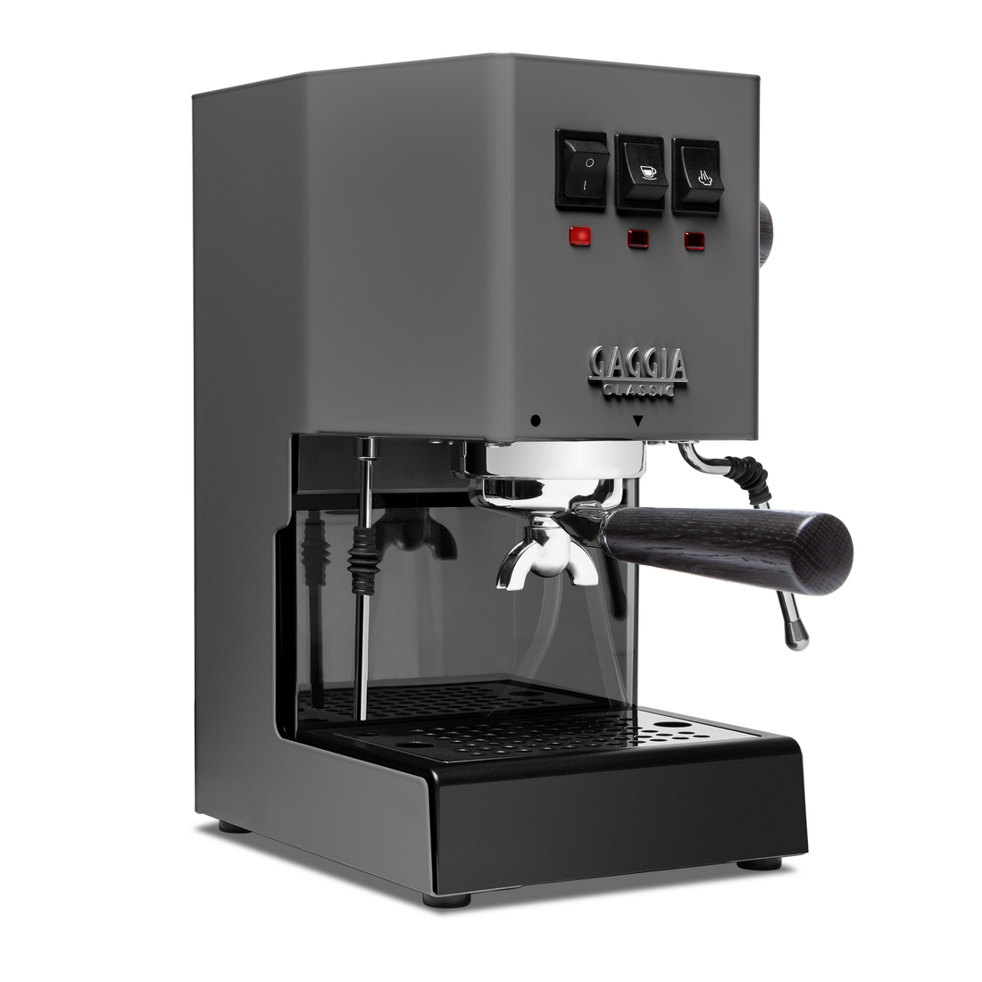 Gaggia Classic Pro E24 Industrial Grey front angle with smoked oak || Industrial Grey