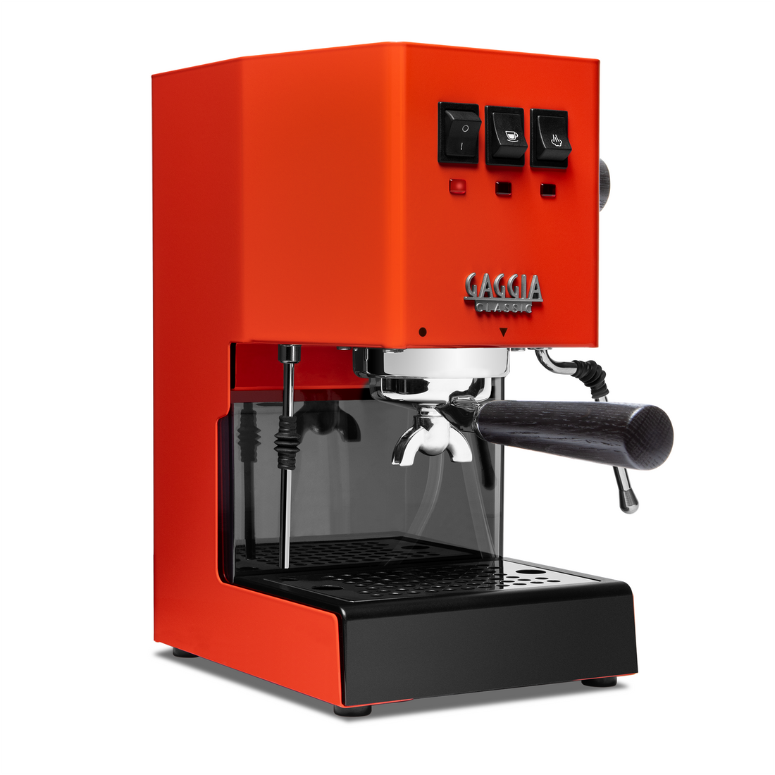 Gaggia Classic Pro E24 Lobster Red front angle with smoked oak || Lobster Red