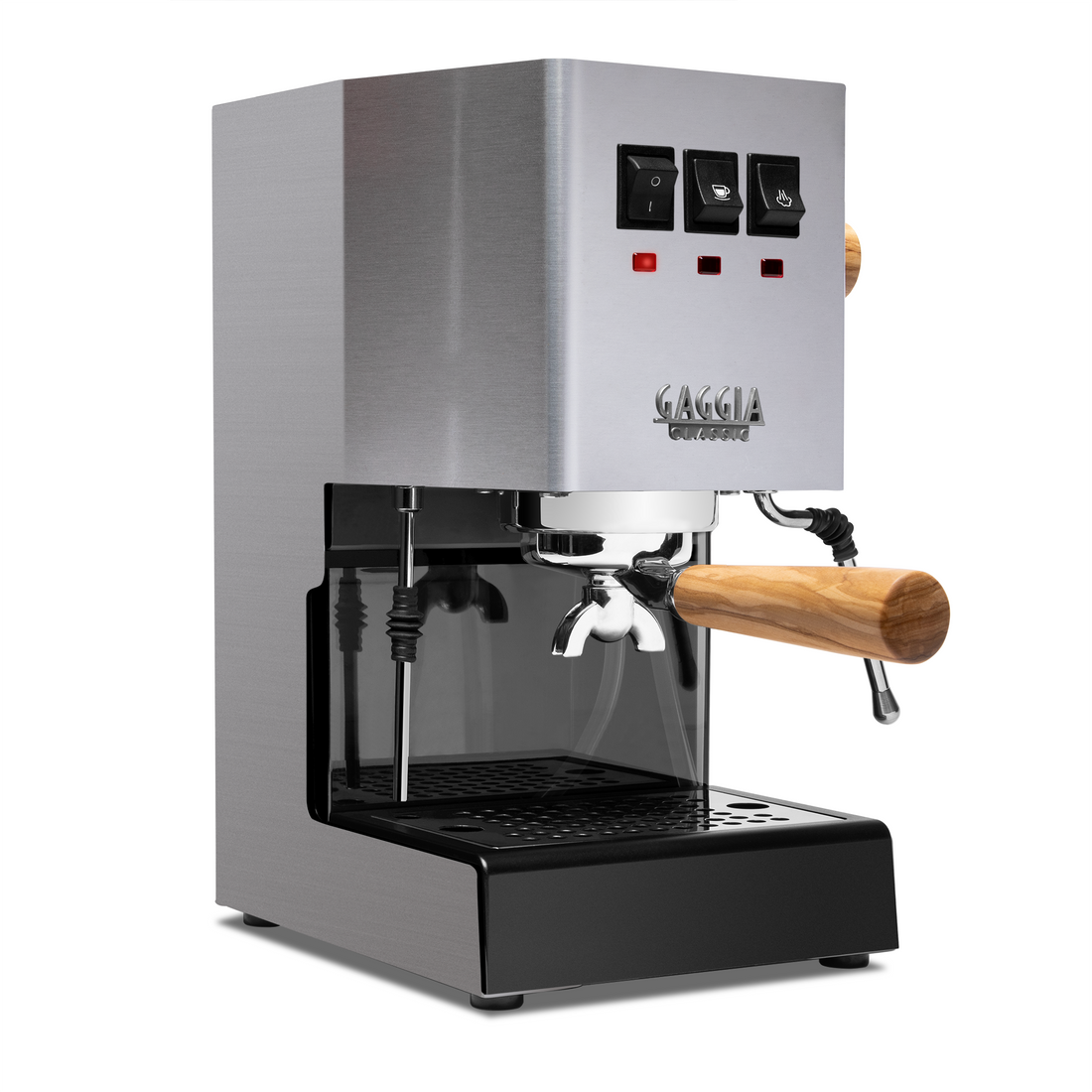 Gaggia Classic Pro E24 Stainless Steel with olive Front Angle || Stainless Steel