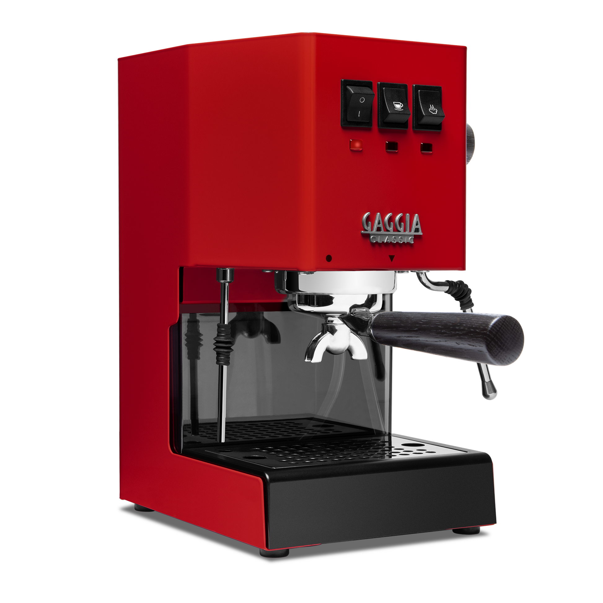 Gaggia Classic Pro E24 Cherry Red front angle with blackened oak || Cherry Red