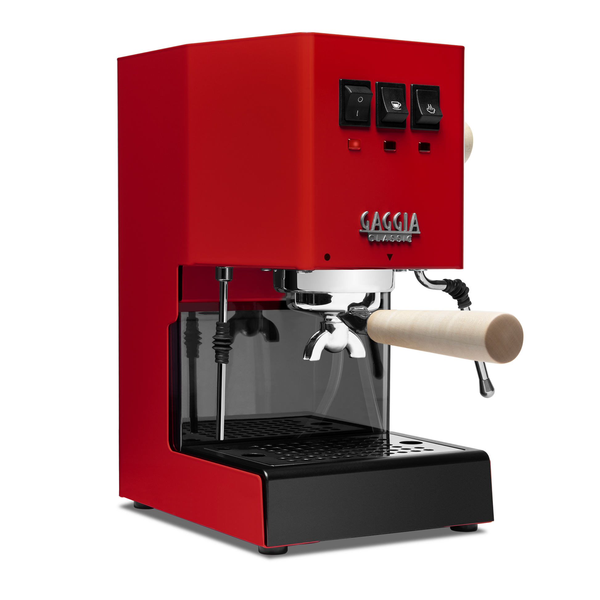 Gaggia Classic Pro E24 Cherry Red front angle with maple || Cherry Red