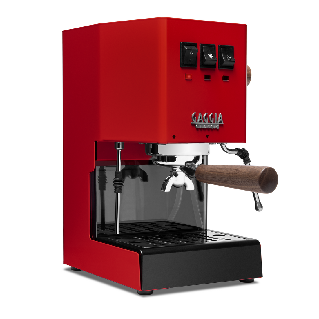 Gaggia Classic Pro E24 Cherry Red front angle with walnut || Cherry Red