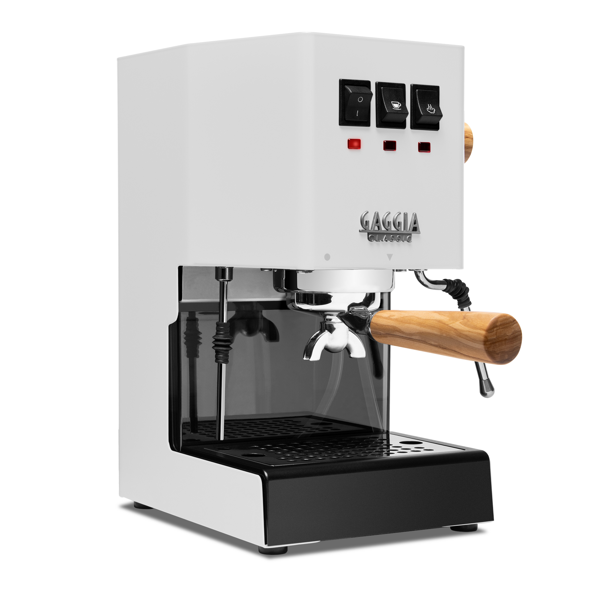 Gaggia Classic Pro E24 polar white front angle with olive || Polar White