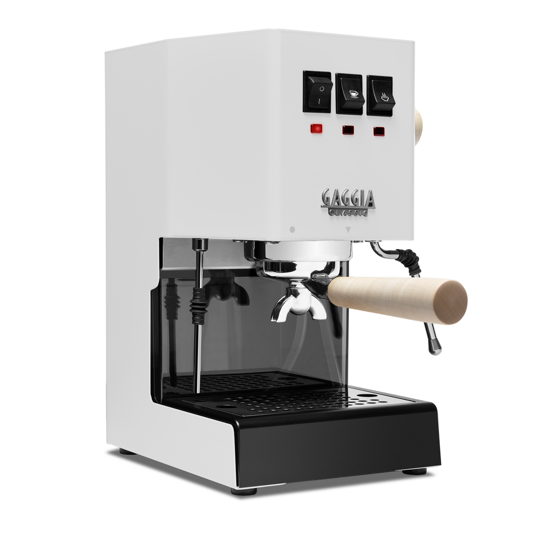 Gaggia Classic Pro E24 polar white front angle with maple || Polar White