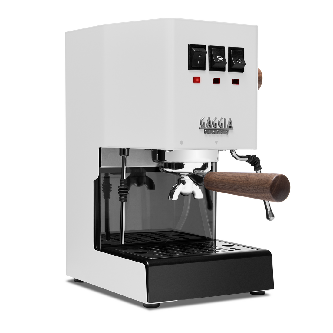 Gaggia Classic Pro E24 polar white front angle with walnut || Polar White