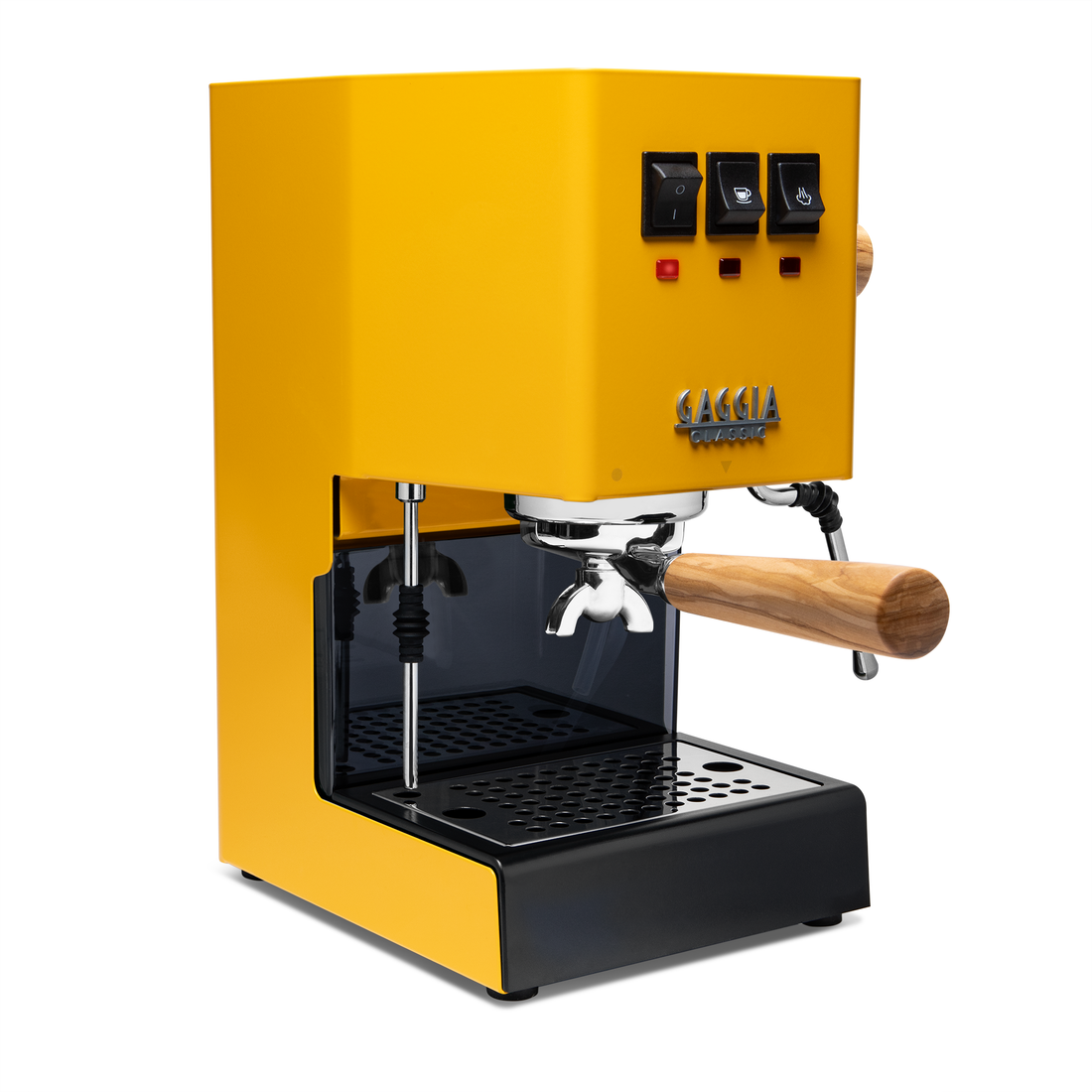 Gaggia Classic Pro E24 Sunshine Yellow front angle with olive || Sunshine Yellow