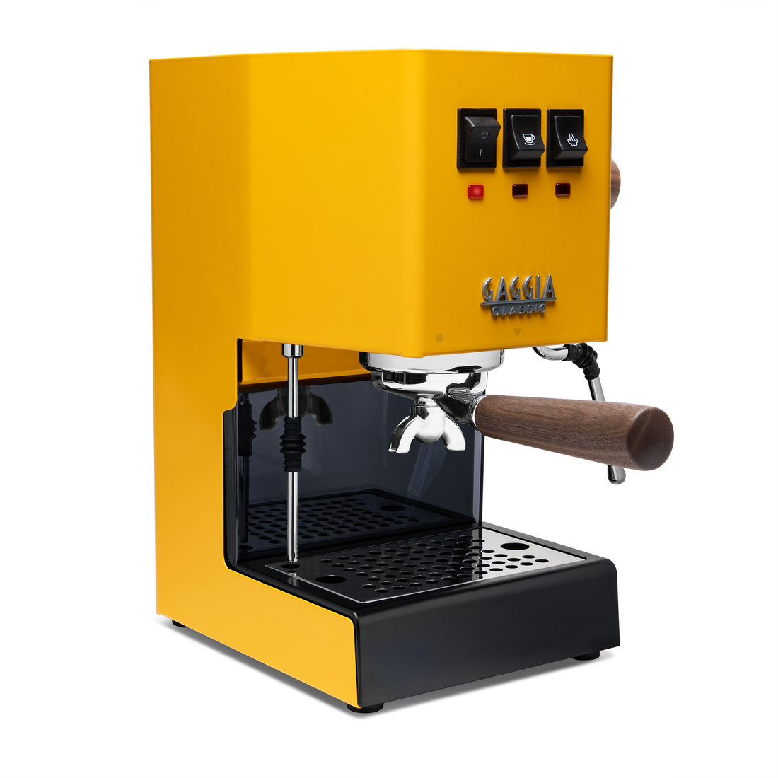 Gaggia Classic Pro E24 Sunshine Yellow front angle with walnut || Sunshine Yellow