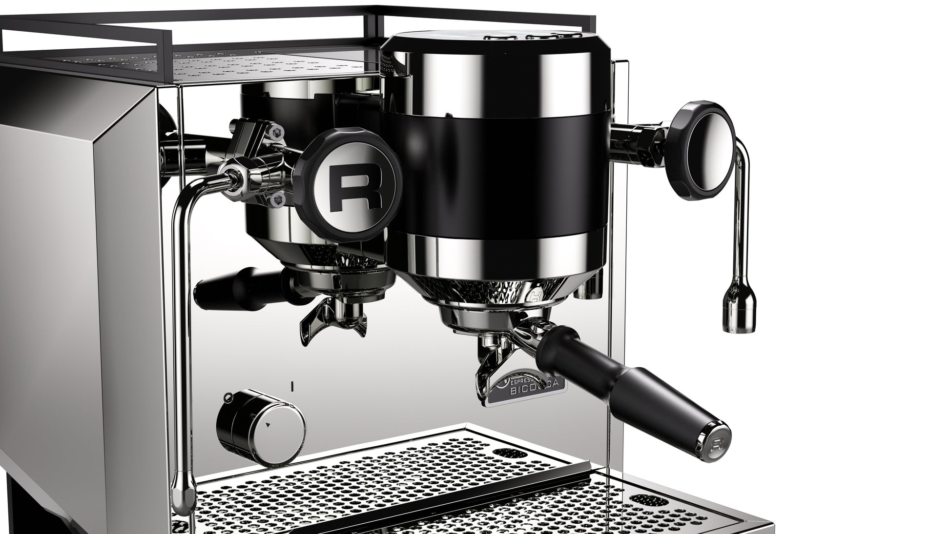 Rocket Espresso Bicocca Stainless Group Closeup Angled || Stainless Steel